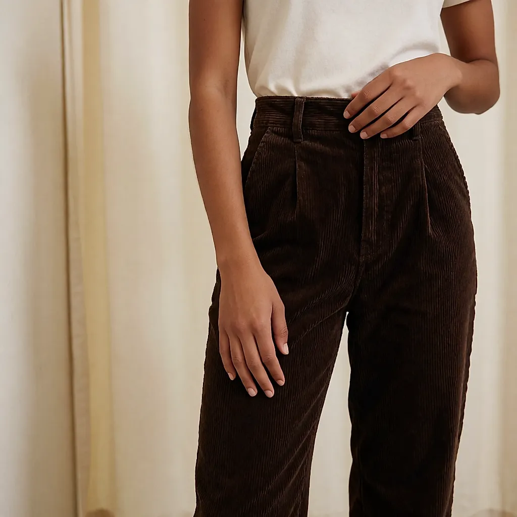 En cabine, une femme pince le tissu de son pantalon en velours pour tester la côte