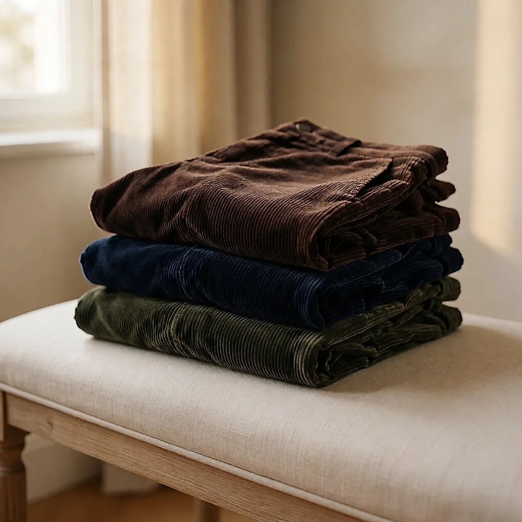 Trois pantalons en velours côtelé chocolat, marine et olive pliés sur un banc de lin