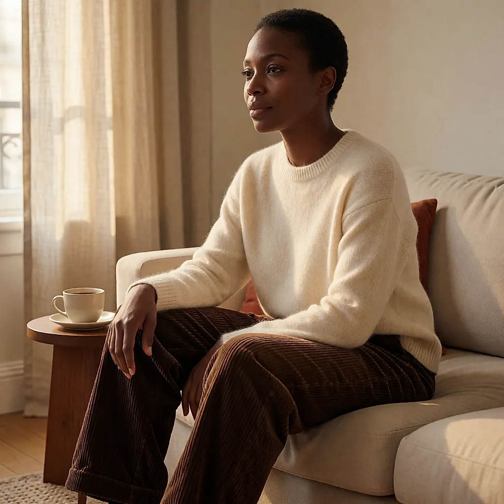Une femme assise détendue porte un pantalon en velours dont le tissu s'est assoupli