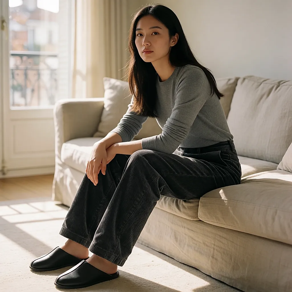 Une femme assise détendue porte un pantalon en velours assoupli par l’usage
