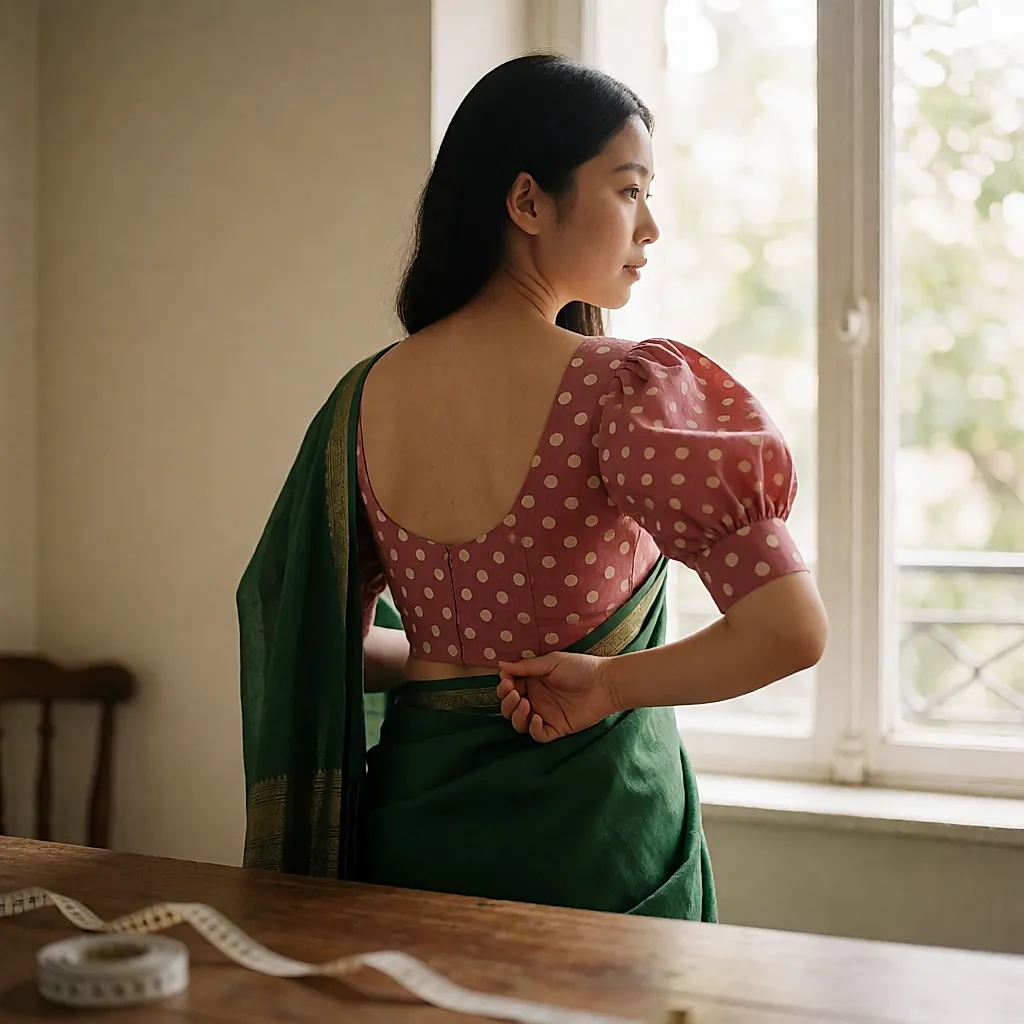 Jeune femme ajustant la taille d'un chemisier à pois porté avec un sari vert