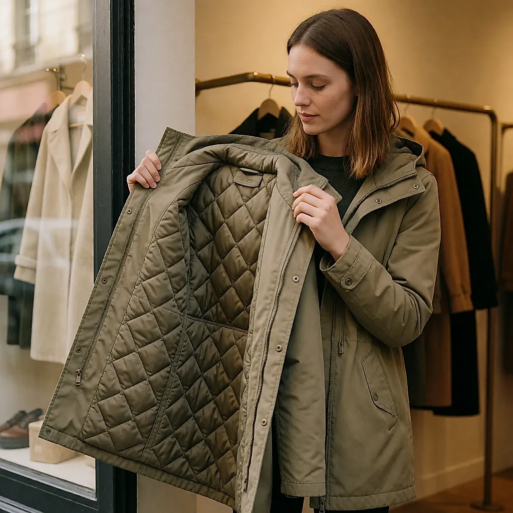 Une femme retourne une parka sur l'envers pour inspecter la doublure et les coutures des épaules