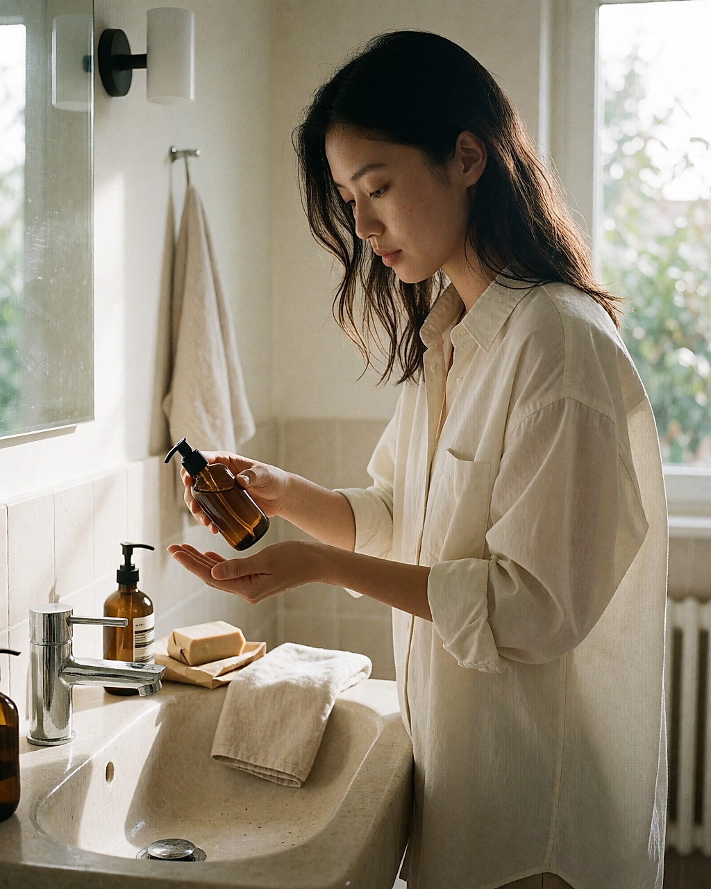 Jeune femme asiatique versant un peu de shampooing doux d'un flacon de verre ambré dans sa paume, salle de bain lumineuse