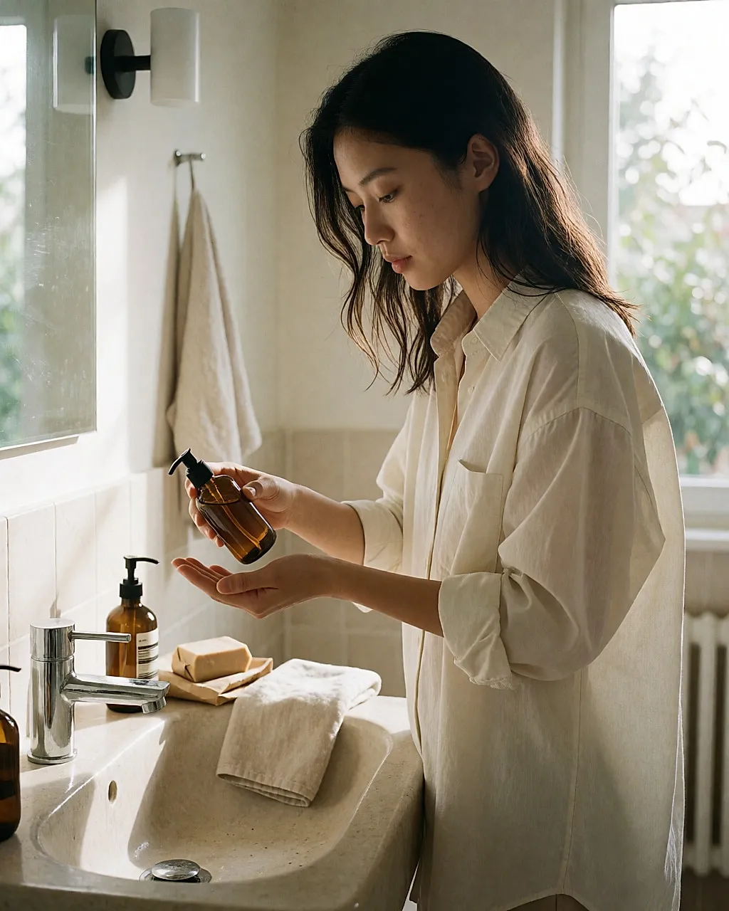 Junge asiatische Frau gießt etwas mildes Shampoo aus einer bernsteinfarbenen Glasflasche in ihre Handfläche, helles Badezimmer