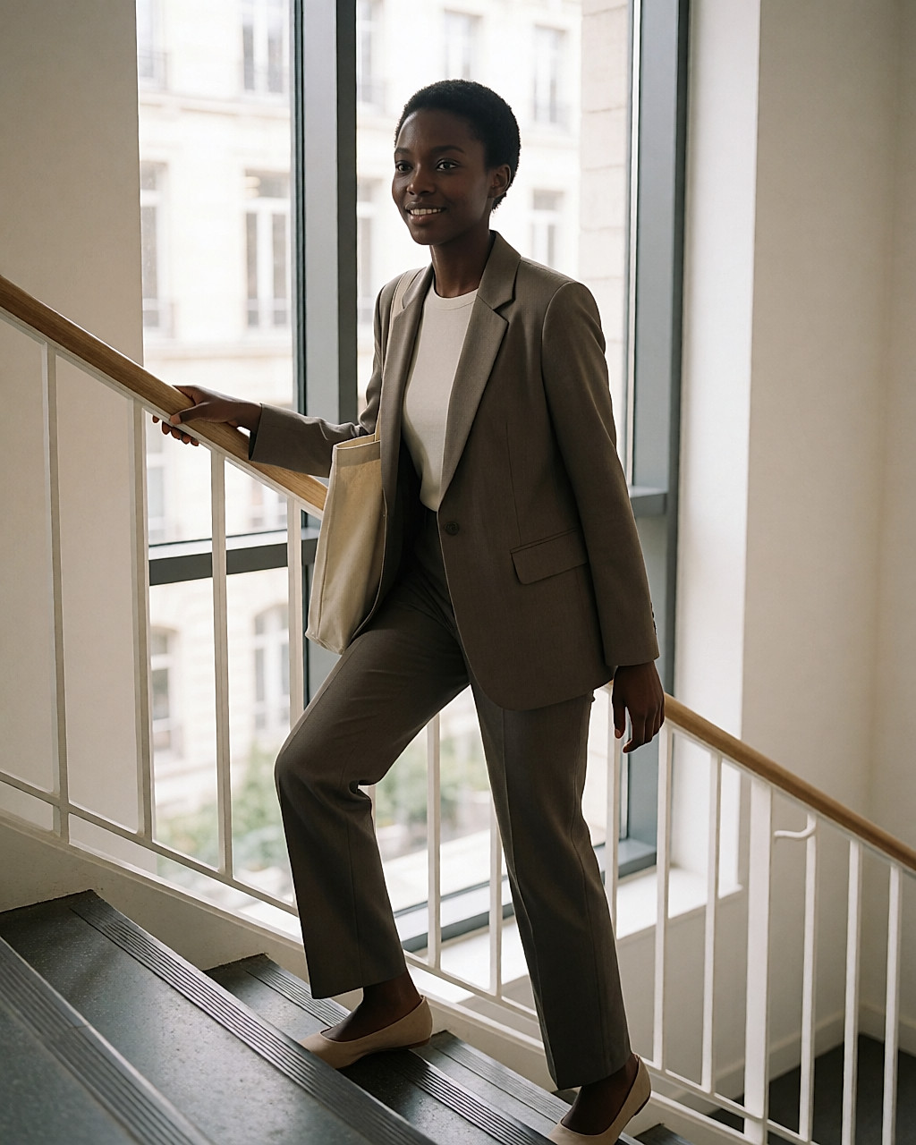 Jeune femme en tenue de bureau montant un escalier d'immeuble, un tote bag à l'épaule, en pleine journée