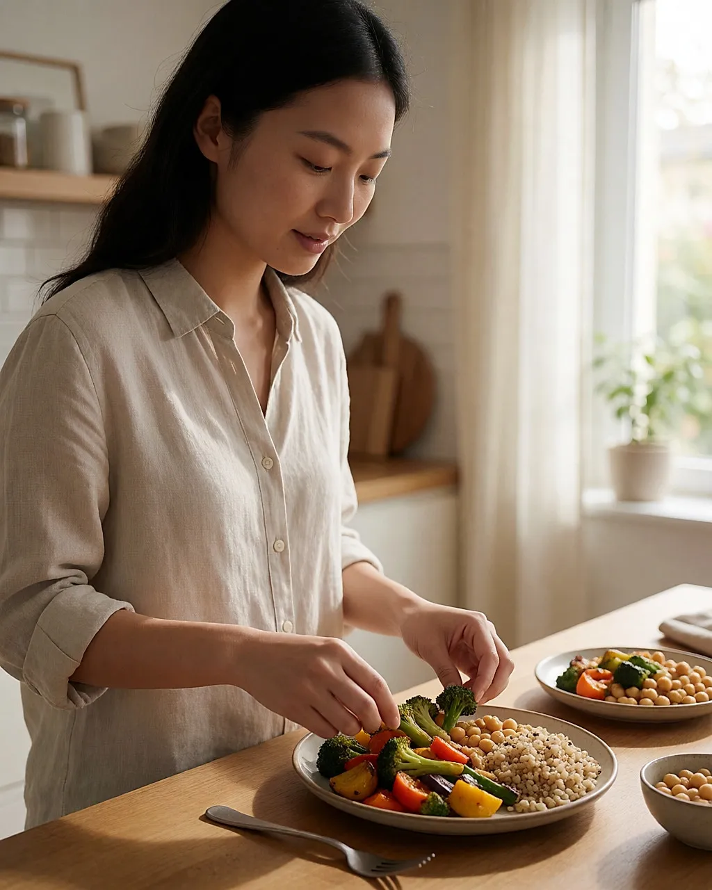 Mujer joven preparando un plato equilibrado con verduras, cereales integrales y legumbres en una cocina luminosa
