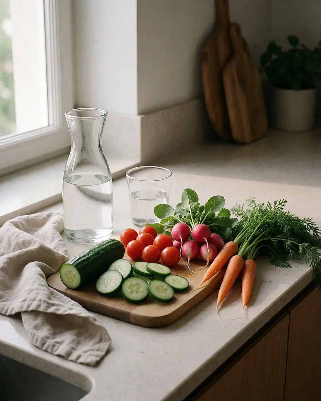 Frisches Gemüse, Gurke, Tomaten, Radieschen und Karotten, mit einer Wasserkanne auf einer Arbeitsfläche