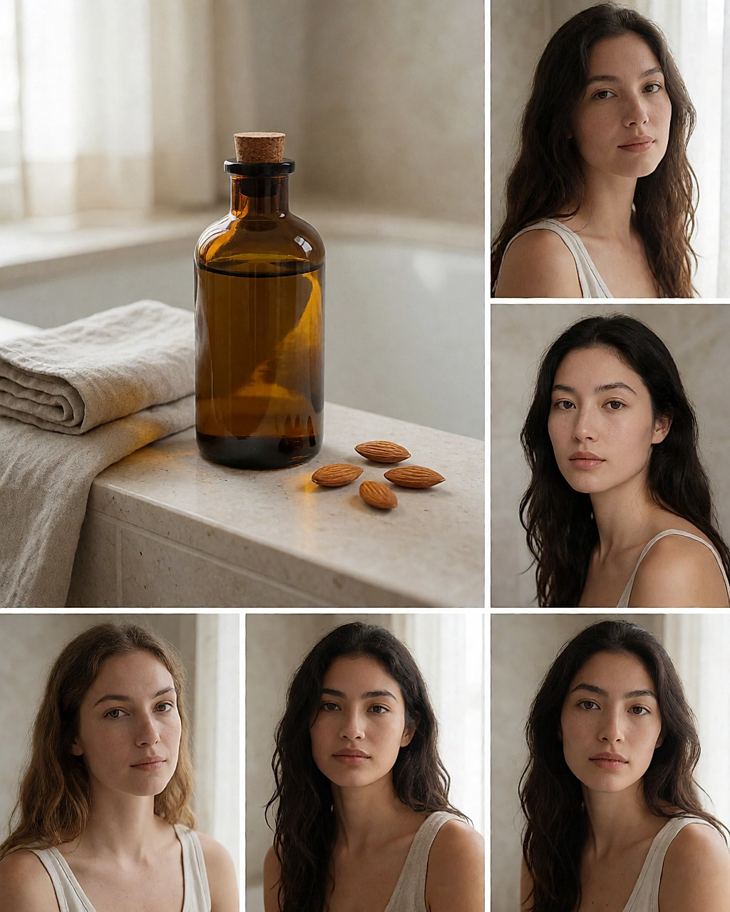 A glass bottle of organic plant oil on a stone shelf, next to a linen cloth
