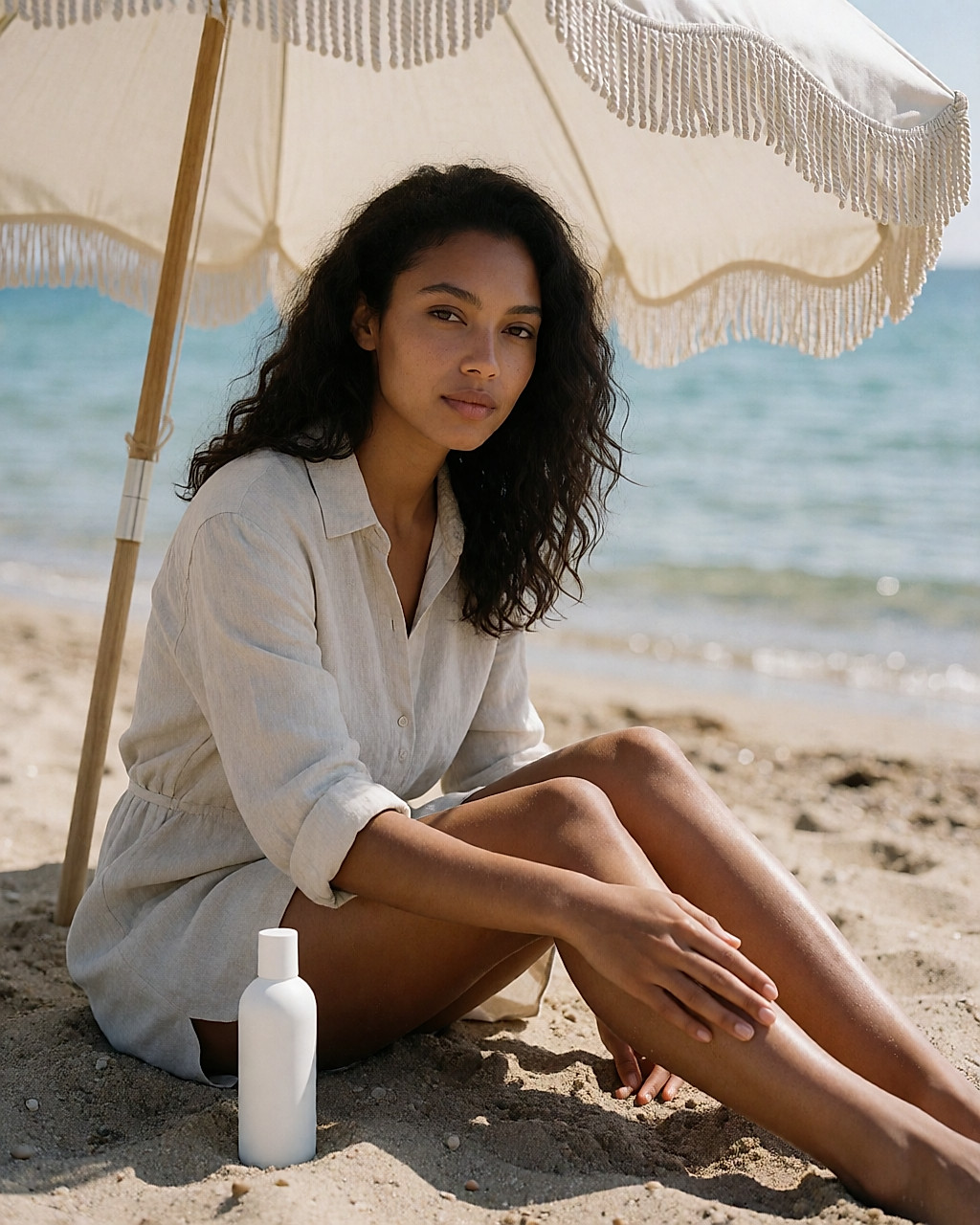 Under a parasol, a woman applies sunscreen to her shin, the bottle resting in the sand
