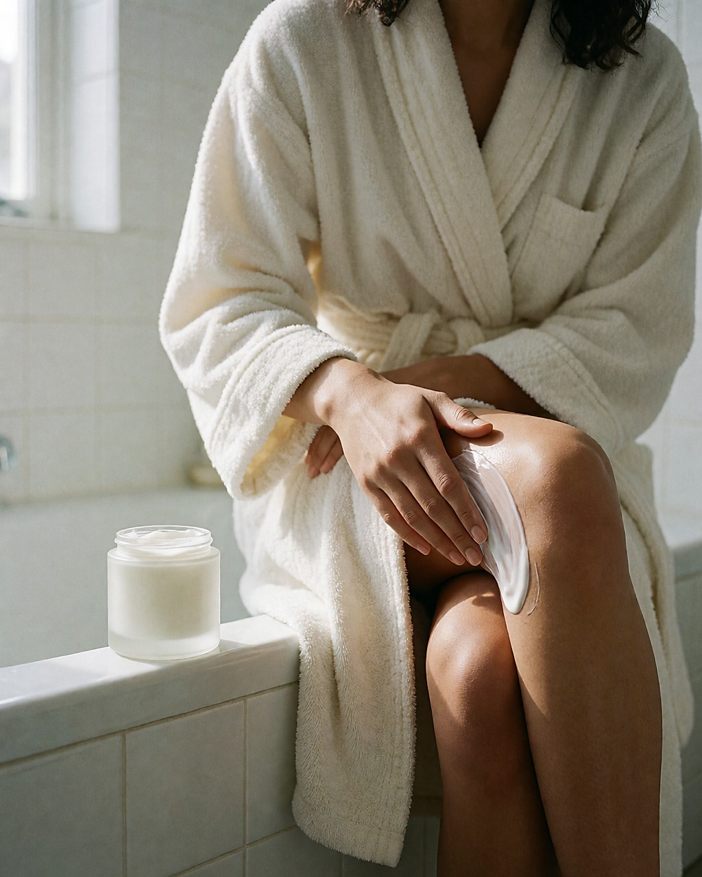 A woman sitting on the edge of her bath applies a light cream to her shin