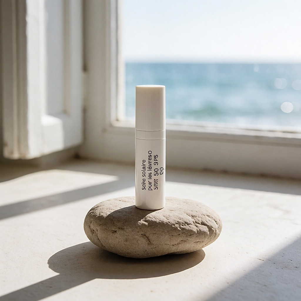Stick solar para os lábios SPF 50 pousado numa pedra à beira-mar