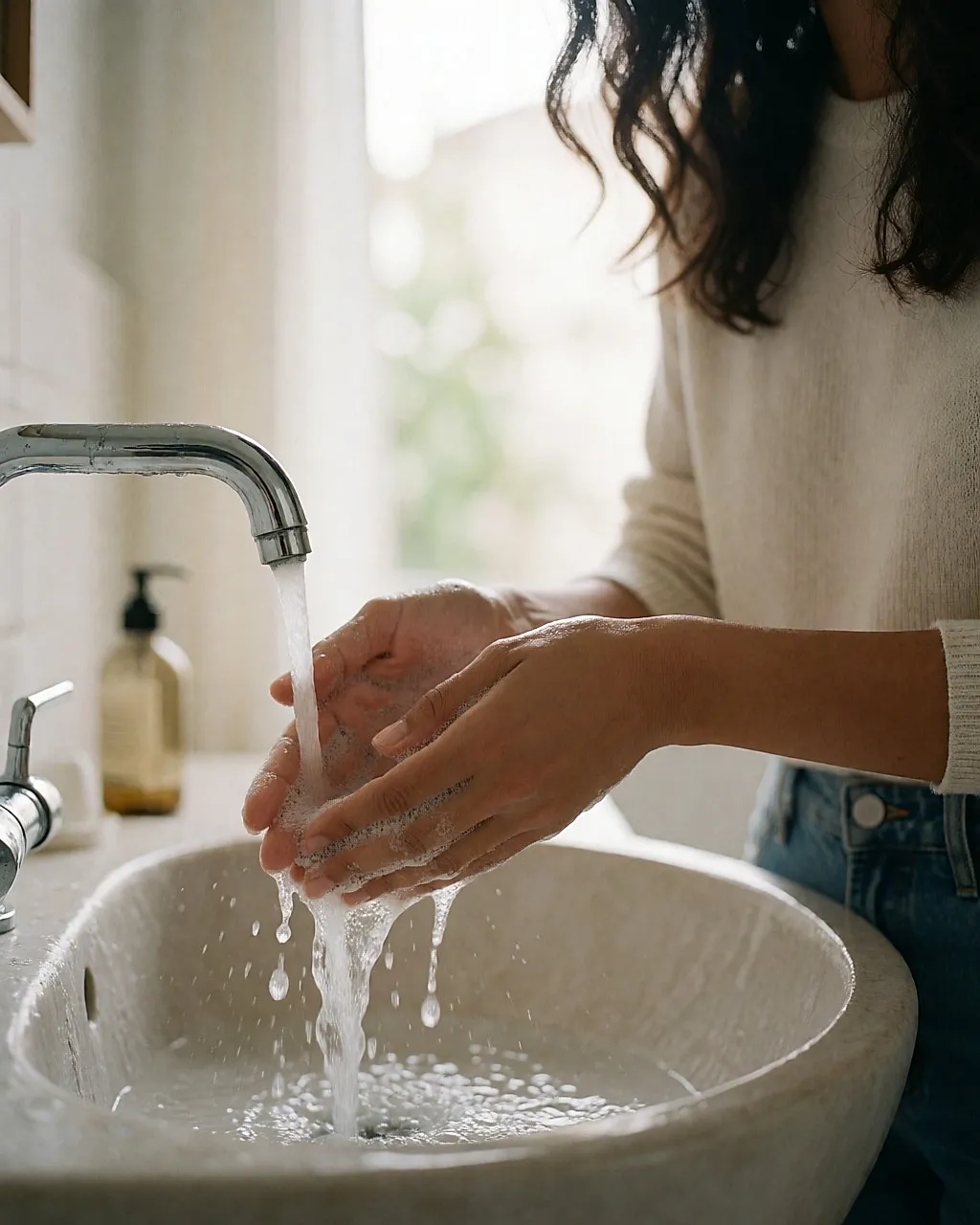 Mains savonnées sous un filet d'eau tiède au-dessus de l'évier
