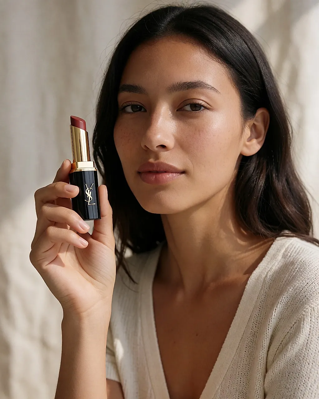 Baume nourrissant deux-en-un pour les ongles et les lèvres, tenu entre les doigts