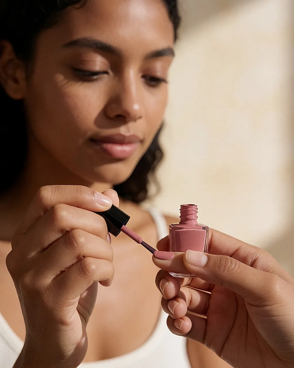 Application d'une fine couche de vernis nude avec le pinceau du flacon