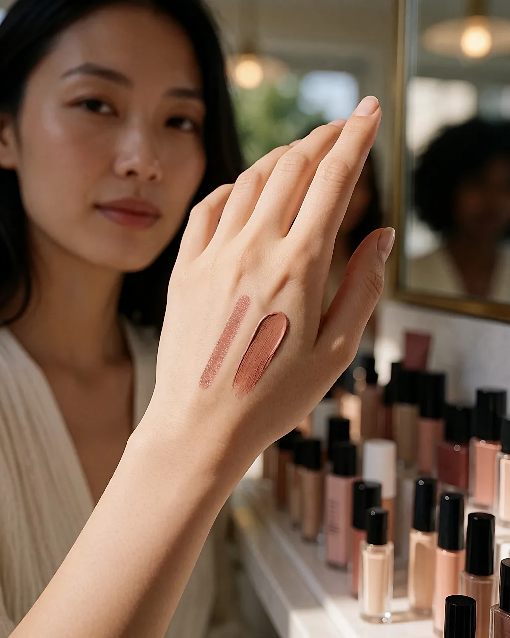 Zwei Striche Lippenstift und Konturenstift auf dem Handrücken getestet