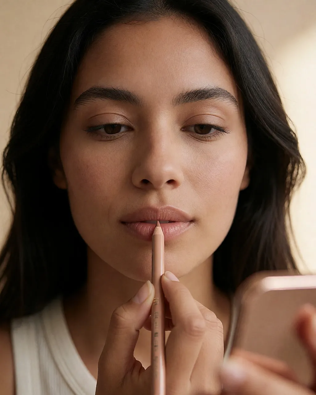 Junge Frau, die die natürliche Lippenkontur mit einem Nude-Stift nachzieht