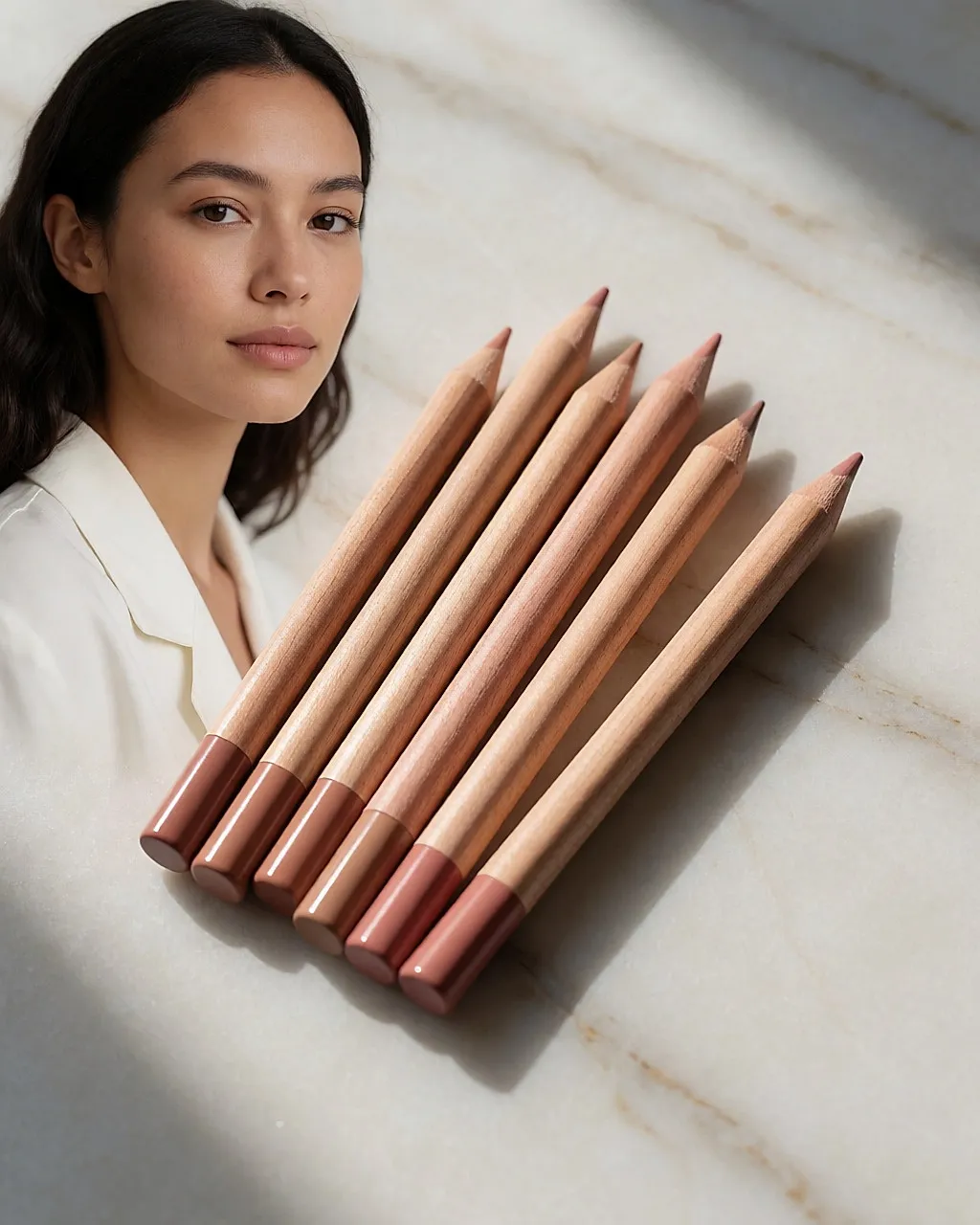 Fünf Lippenkonturenstifte in Nude- und Rosé-Beige-Tönen mit angespitzten Minen