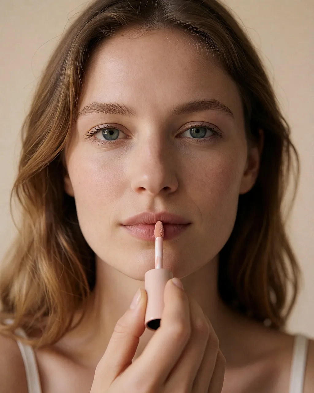 Frau, die ein transparentes Gloss in die Mitte einer konturierten Lippe aufträgt