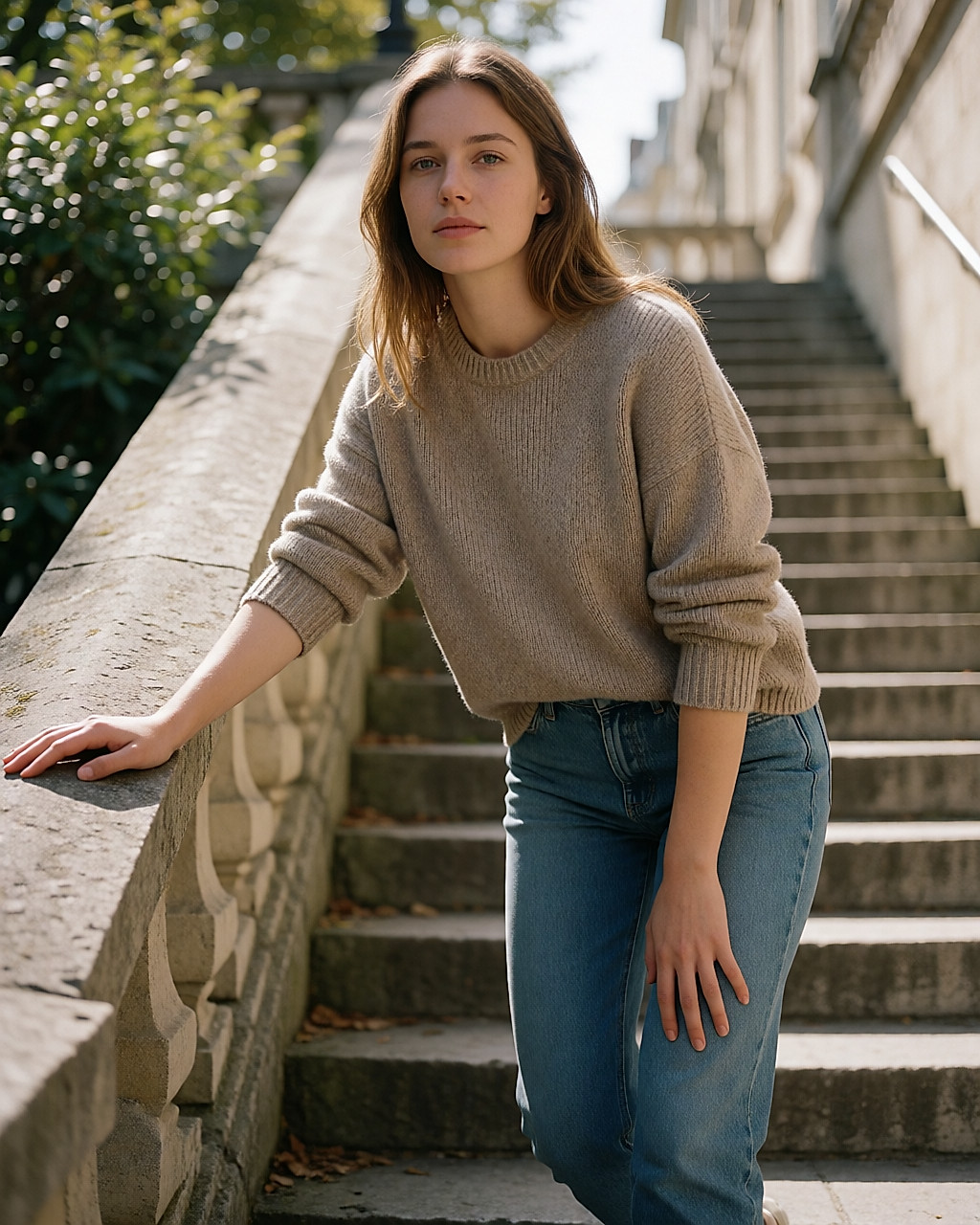 Jeune femme marquant une pause en haut d'un escalier extérieur, essoufflée