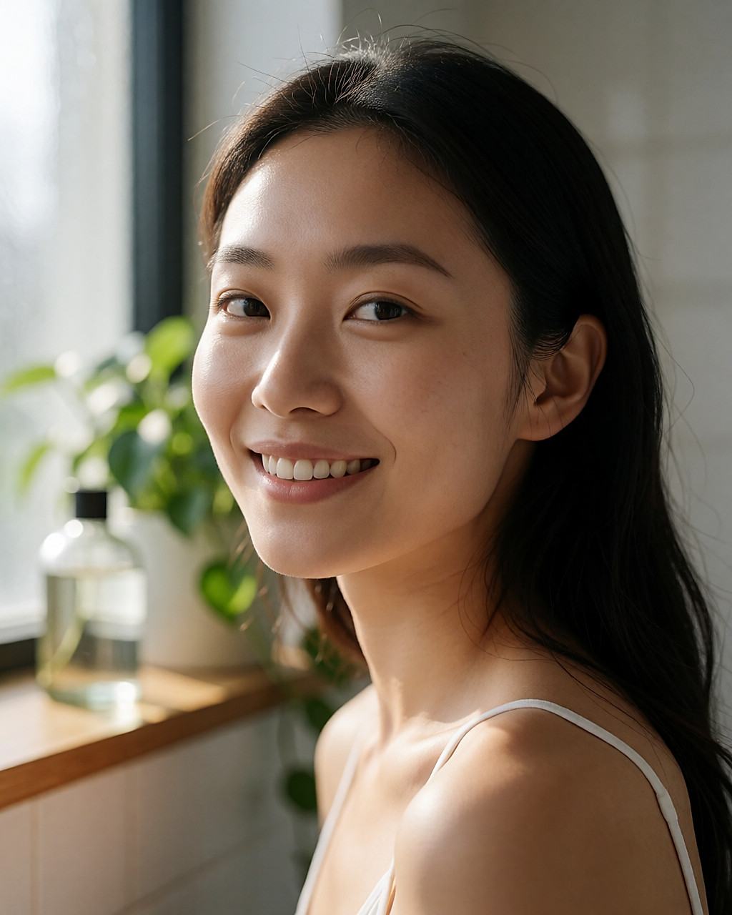 Portrait rapproché d'une jeune femme au teint frais et au sourire naturel