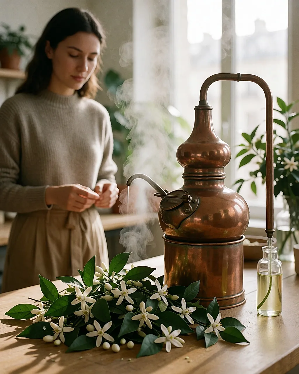 Copper steam-distillation still, bitter orange blossoms and a bottle of distillate on a wooden table