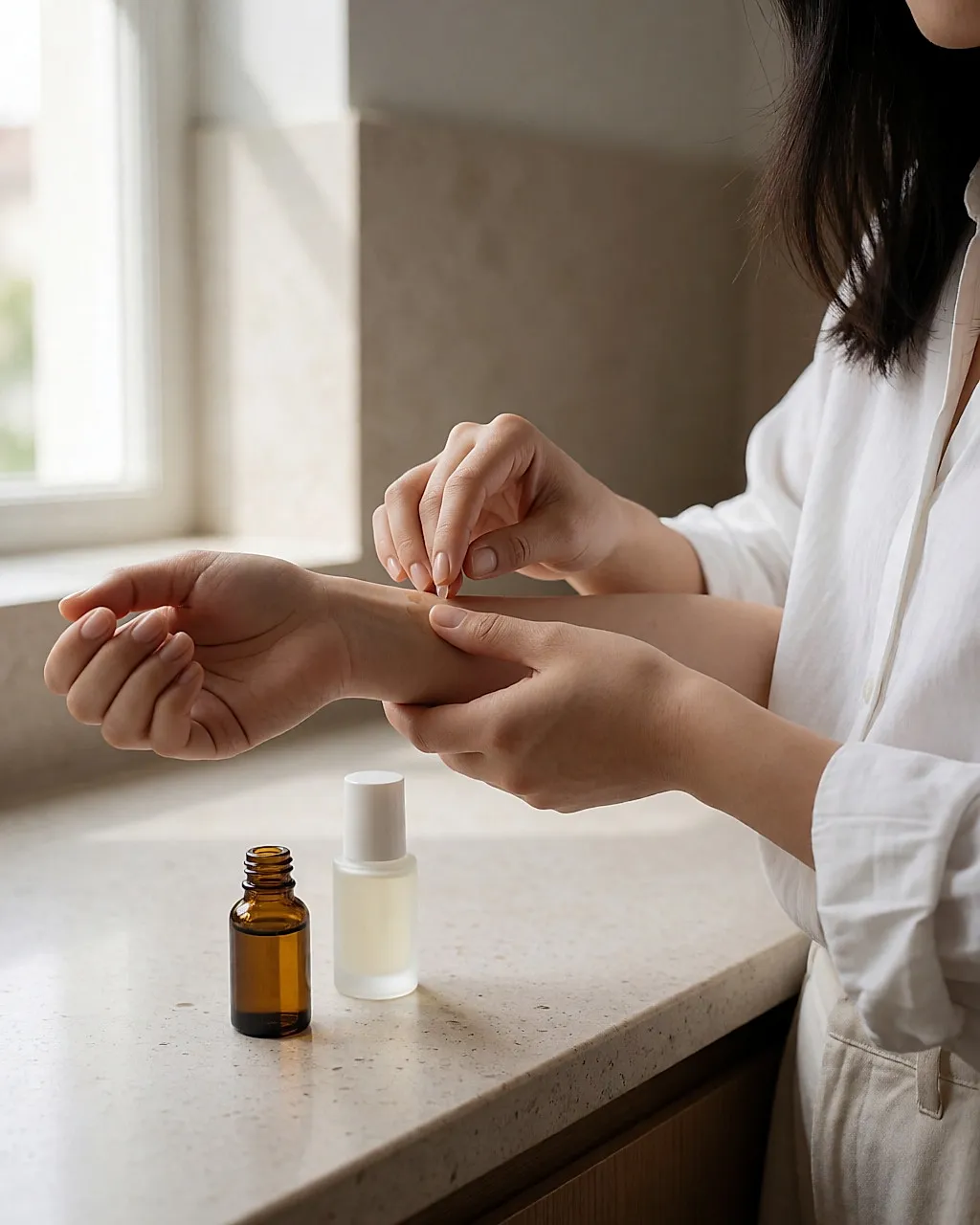 A young woman's hands dropping three drops of essential oil onto her forearm, bottles beside her