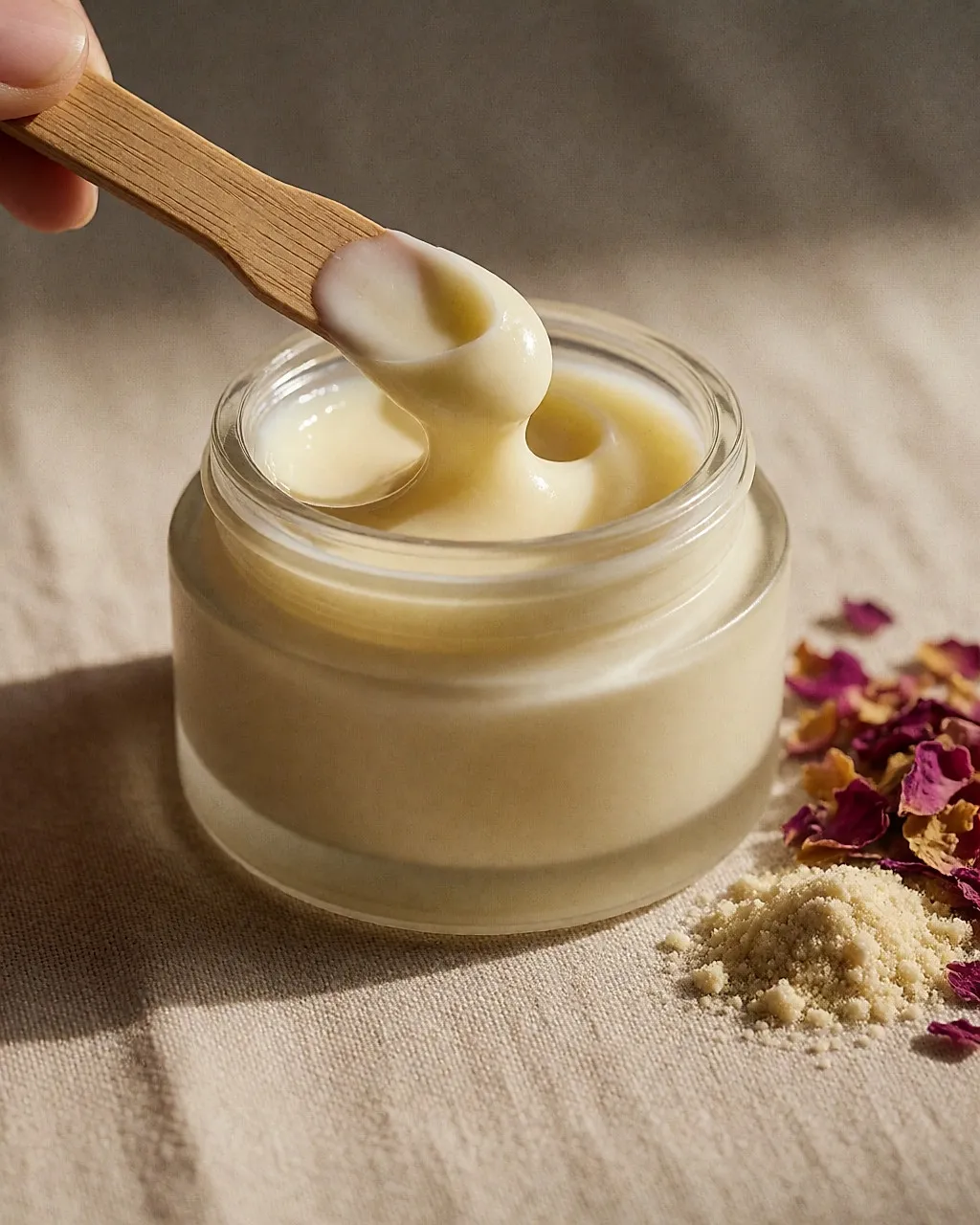 Rich night balm in a clear glass jar, dense texture scooped with a wooden spatula
