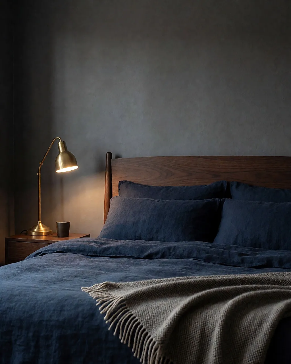 Schlafzimmer mit anthrazitgrauen Wänden, nachtblauer Bettwäsche und Messing-Wandleuchte
