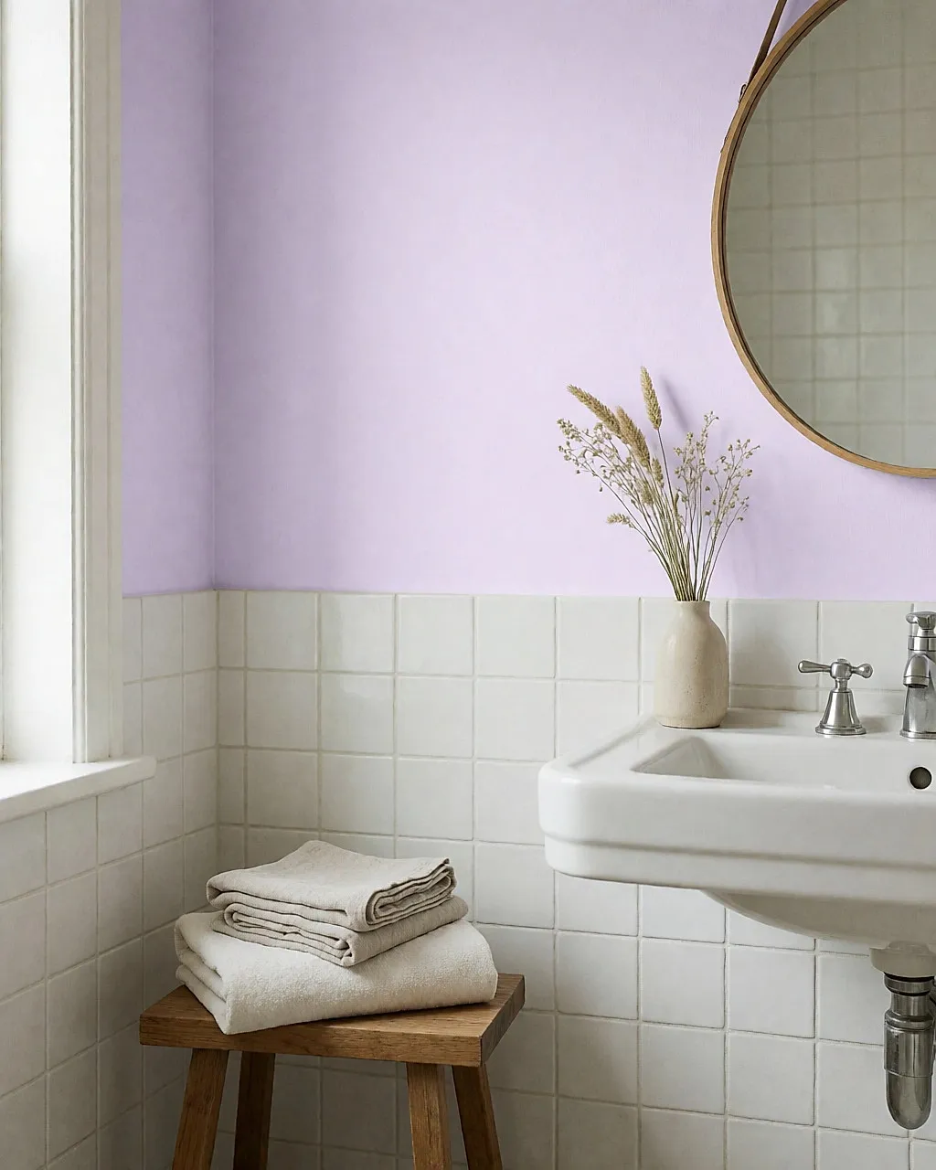 Badezimmer mit zartem Glyzinienviolett an den Wänden, mattem weißen Fliesen und Leinenhandtüchern