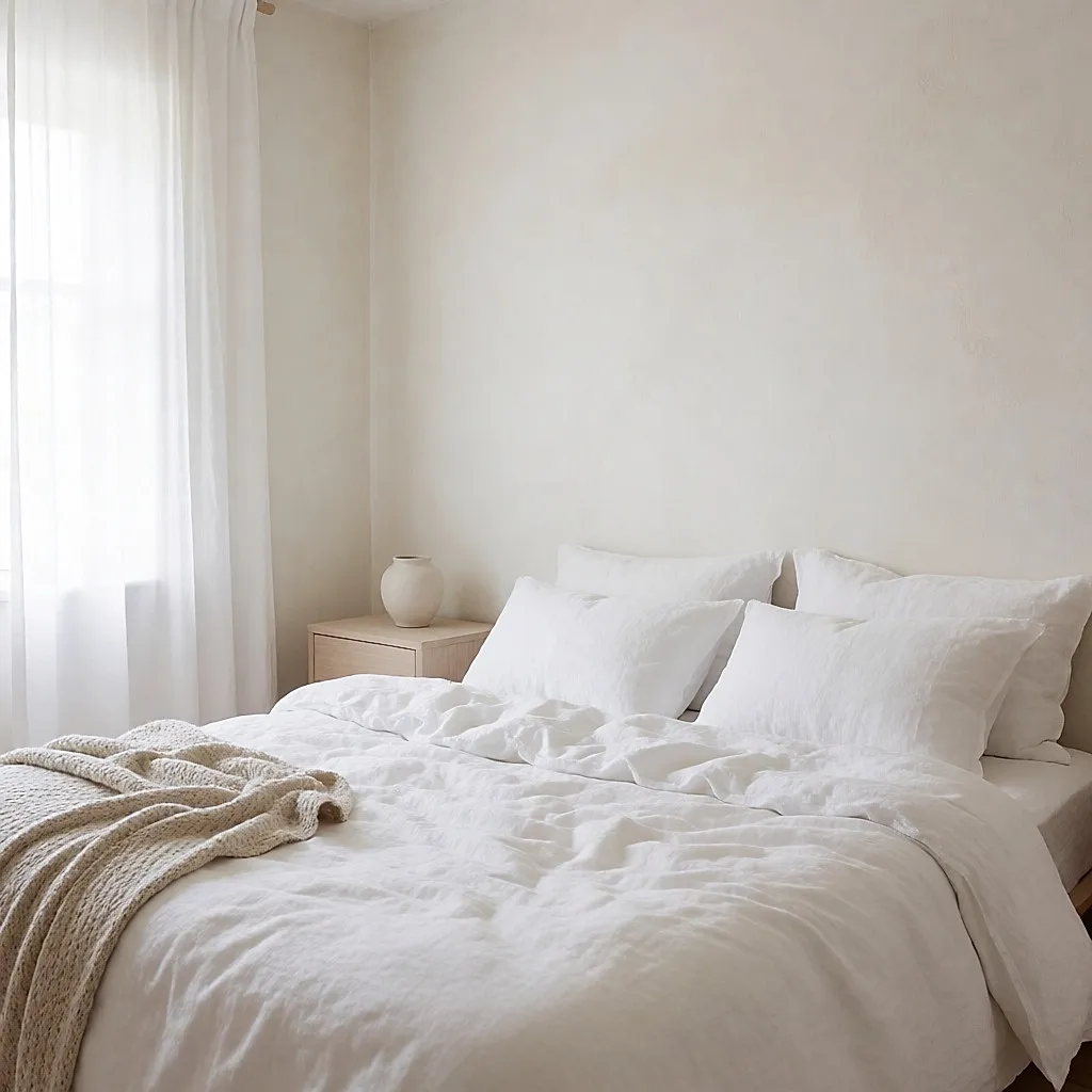 Beruhigendes, ganz weißes Schlafzimmer, zerknitterte Leinenbettwäsche und Morgenlicht