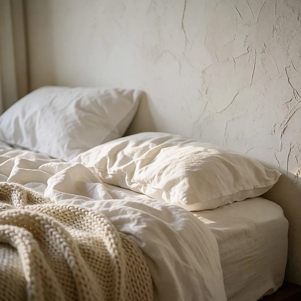 Detail zerknitterter weißer Leinenlaken und einer cremefarbenen Decke am Bettende