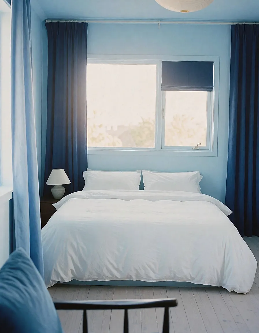 Schlafzimmer in Himmelblau gestrichen, mit dunkelblauen Vorhängen und weißer Bettwäsche