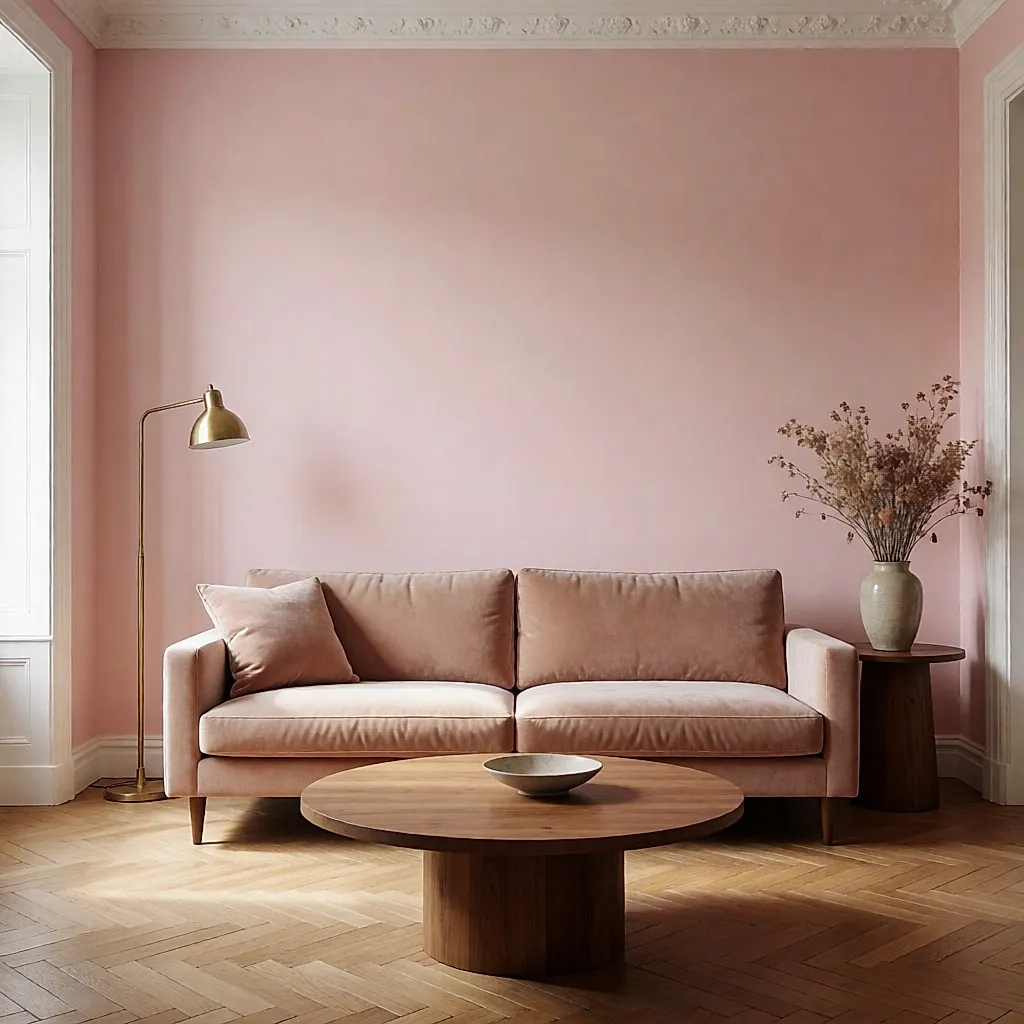 Wohnzimmer mit puderrosa Wänden, Sofa aus roséfarbenem Samt und Fischgrätparkett