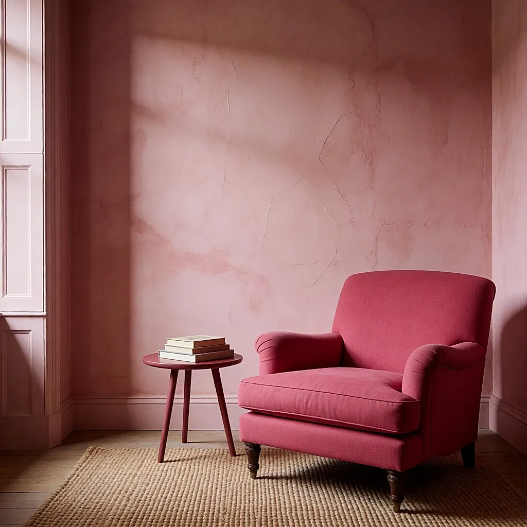 Wohnzimmerecke in Rosa mit Himbeersessel und Holztisch