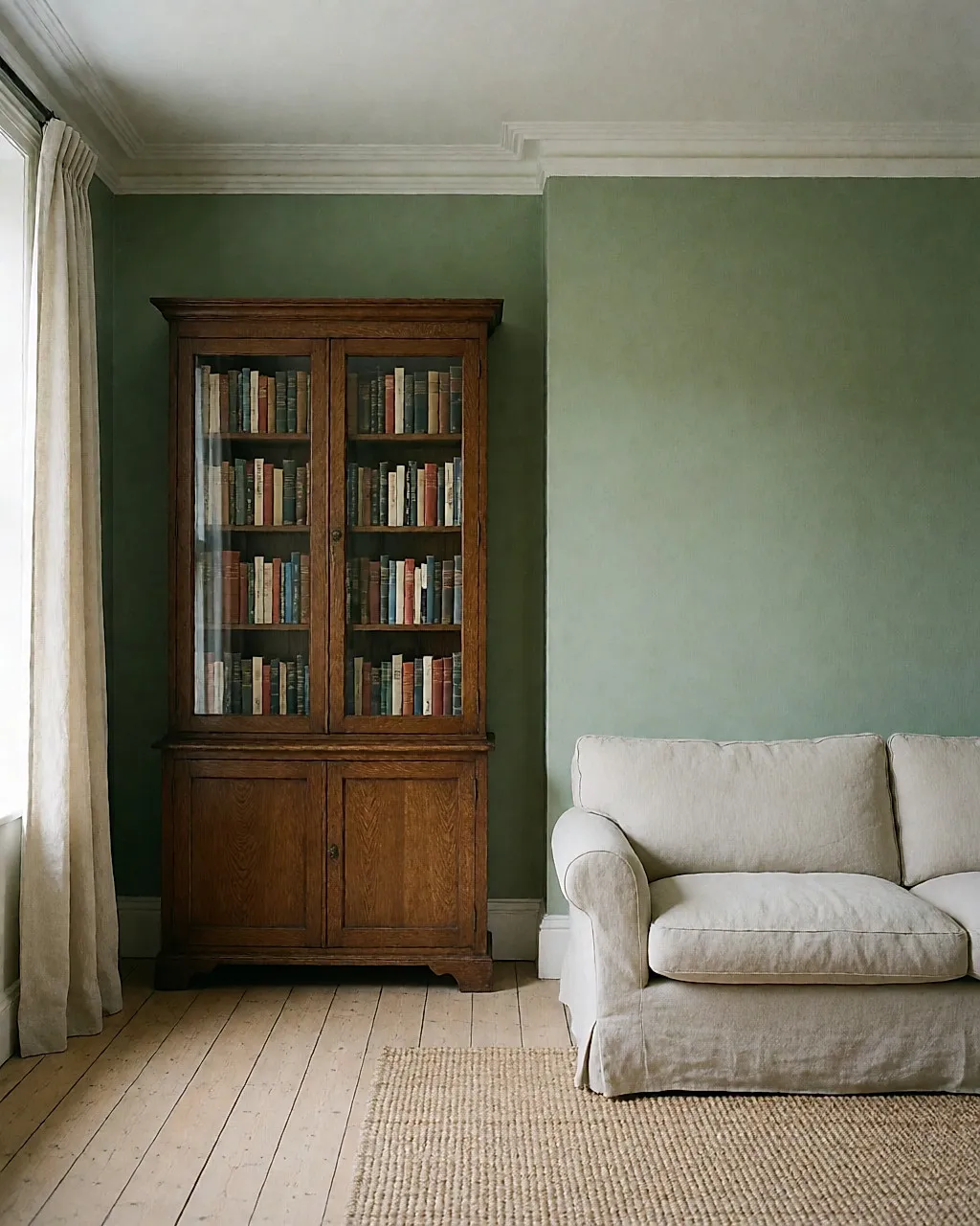 Wohnzimmer mit salbeigrünen Wänden, weißen Stuckleisten, großer Eichenbibliothek und Leinensofa