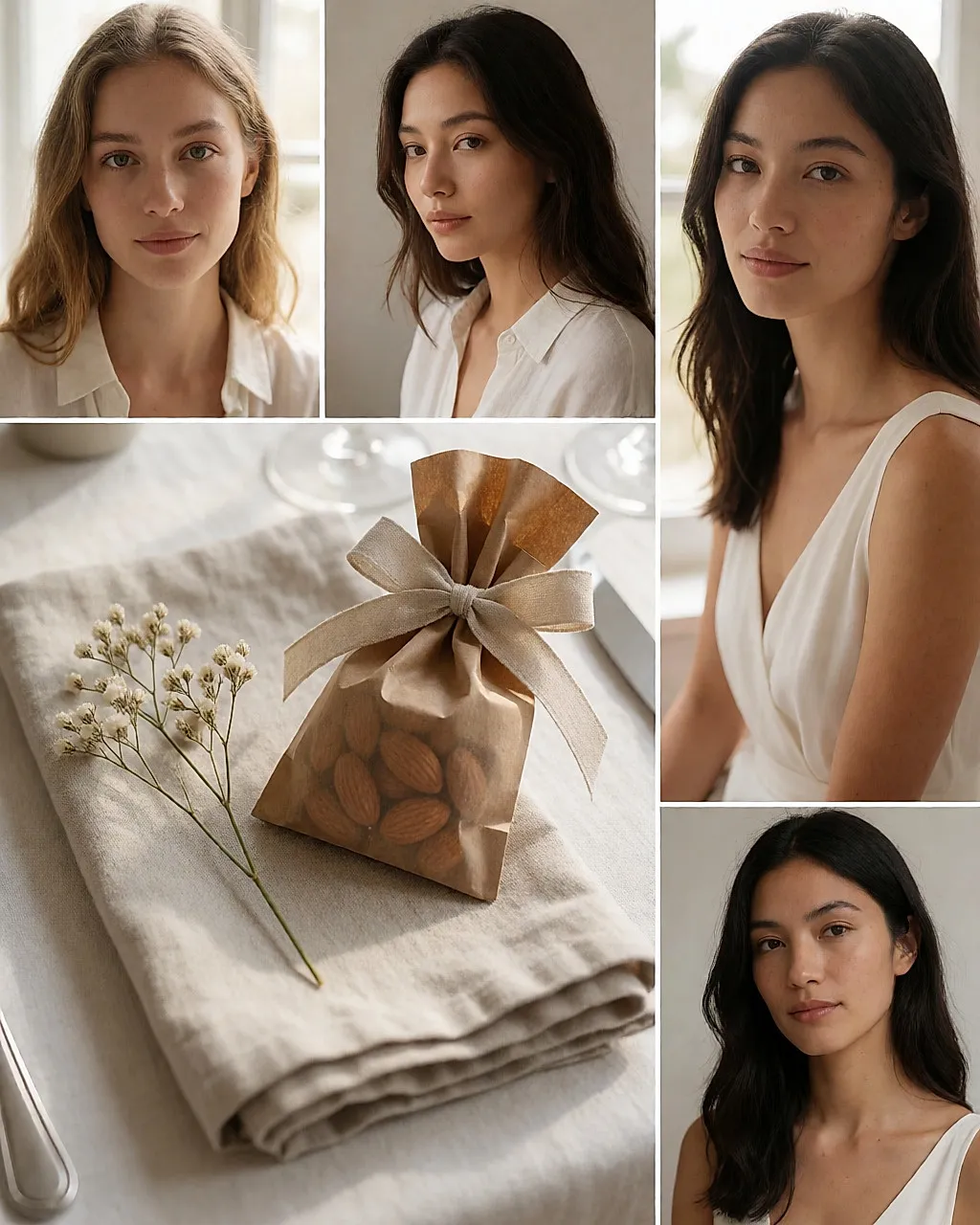 Kraft paper box of sugared almonds on a place setting with a linen ribbon and dried flowers