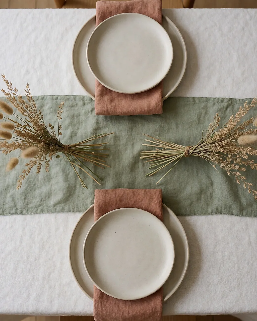 Overhead view of a wedding table mixing a white cloth, a sage green runner and terracotta napkins