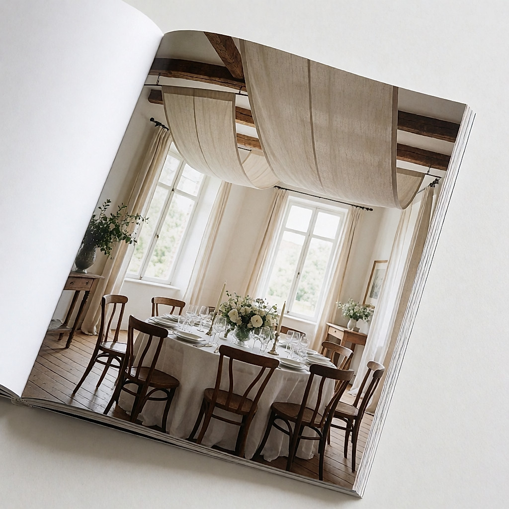 Large wedding venue with linen drapes hung from the beams above the table