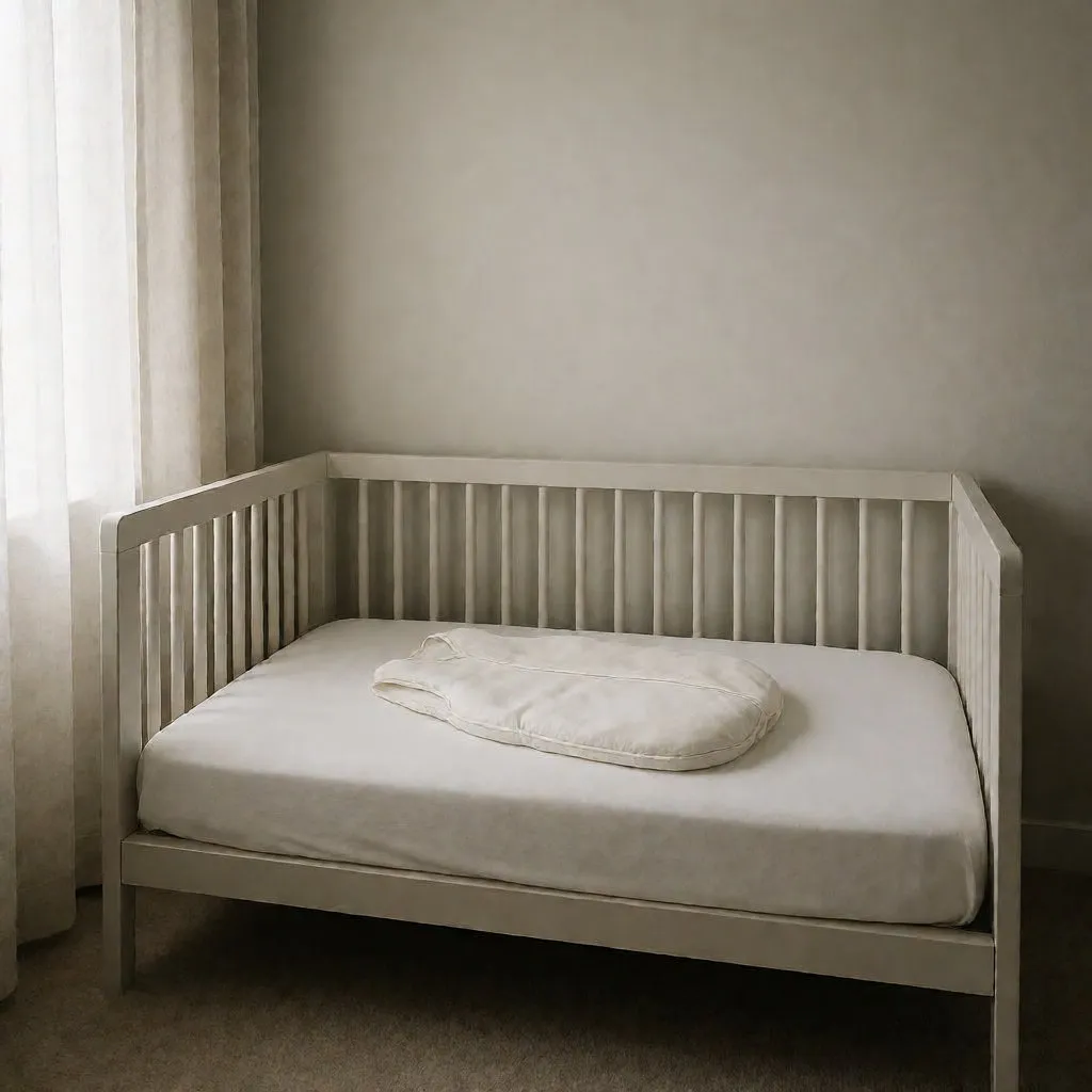 Canto de sono depurado, com berço moderno, lençol branco e saco de dormir, sem acessórios a mais