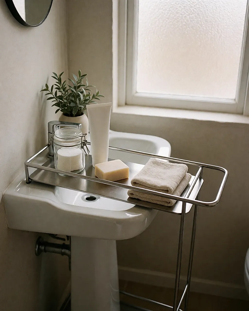 Chariot étroit glissé autour du pied du lavabo, savon et flacons rangés