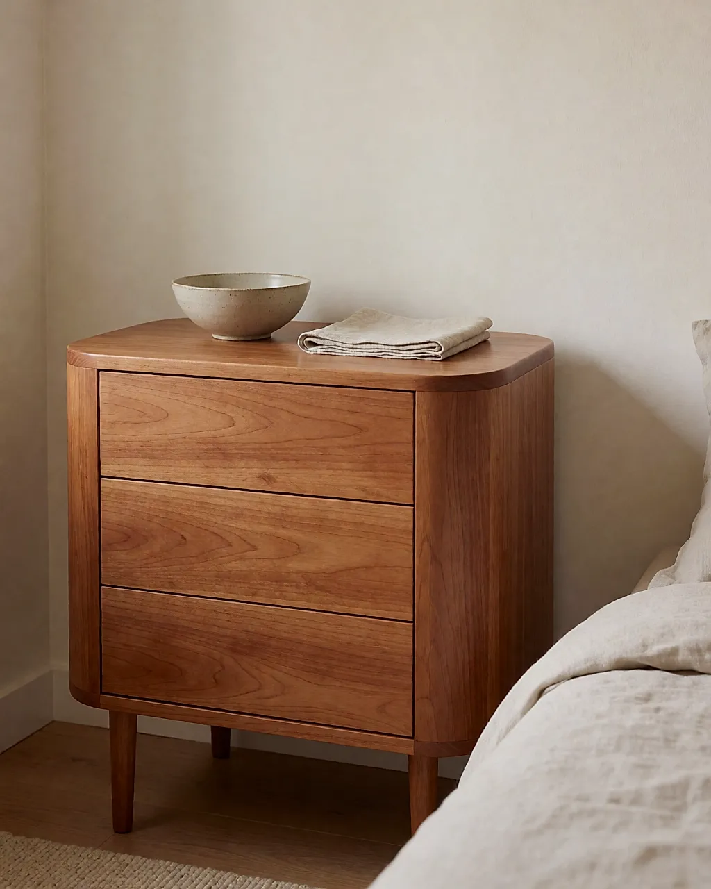 Commode arrondie en merisier aux pieds fuselés dans une chambre claire