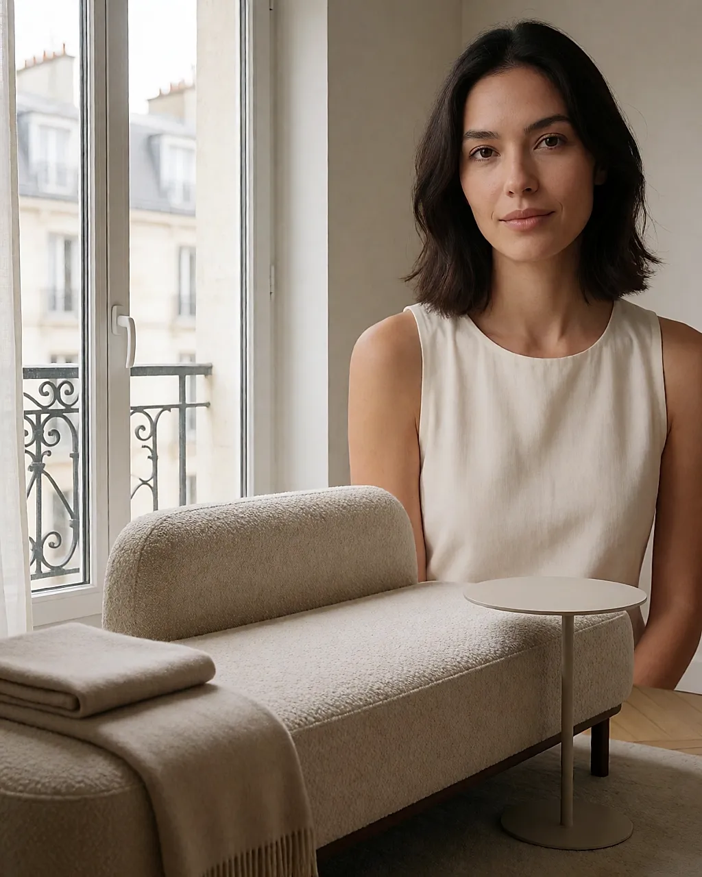 Méridienne aux formes pures près d'une fenêtre, plaid en laine plié