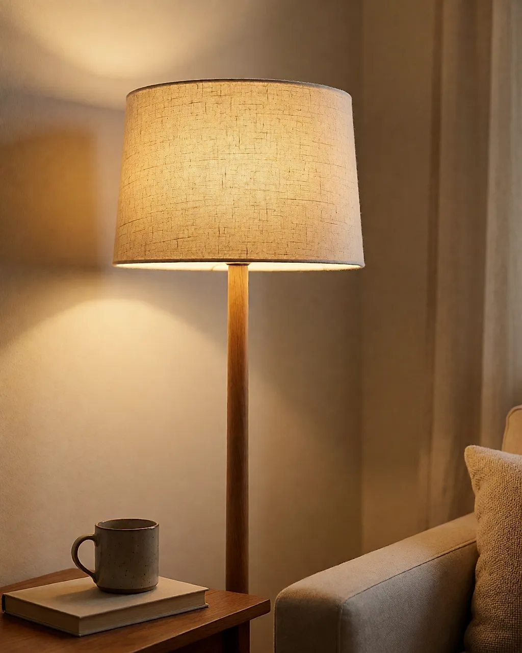Abat-jour en coton et lin allumé, lumière chaude dans un salon le soir