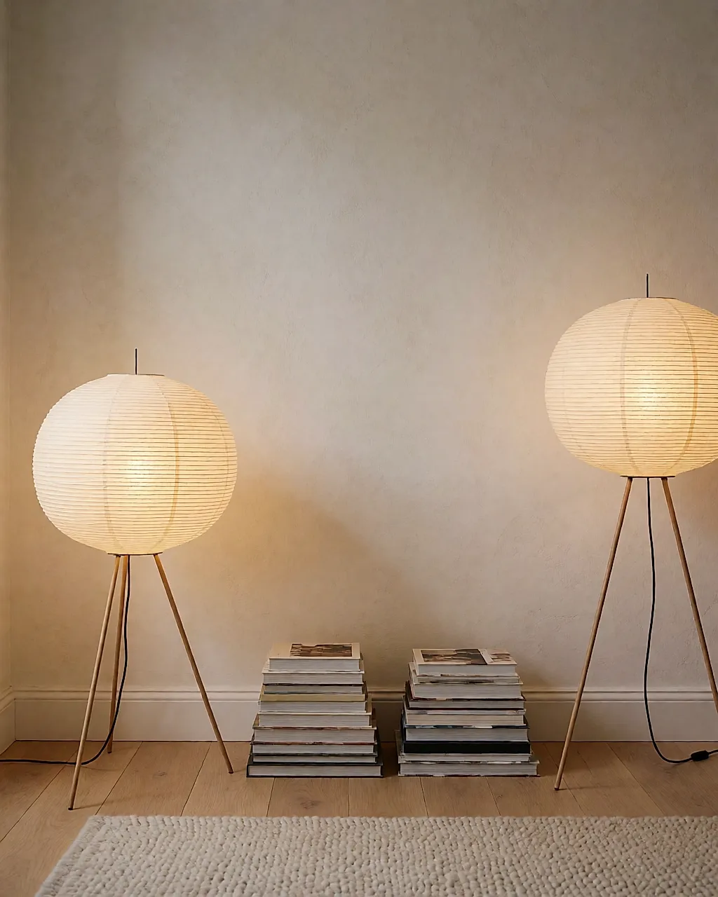 Deux grandes lampes rondes en papier allumées dans un coin lecture