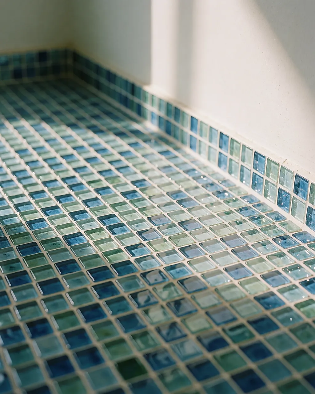 Mosaïque de pâte de verre bleu et vert d'eau accrochant la lumière