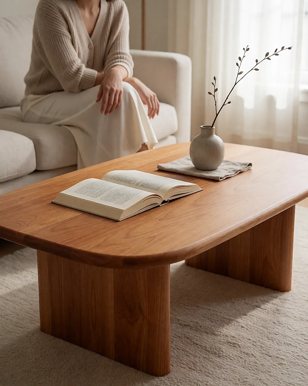 Table basse en merisier aux angles adoucis, livre et vase posés dessus