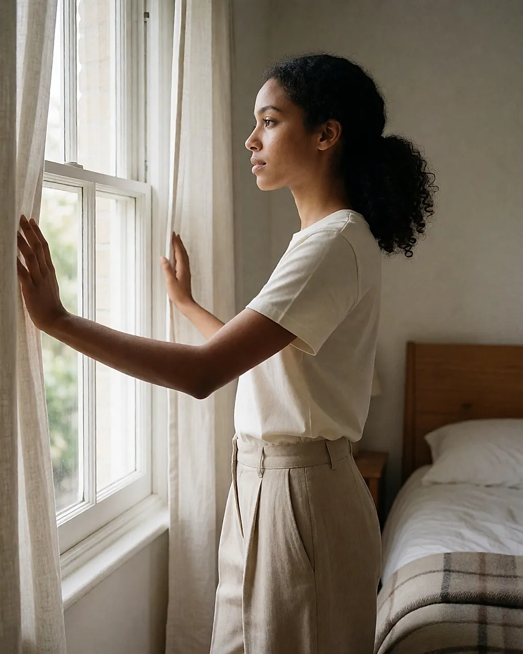 Junge Frau öffnet weit das Fenster eines Schlafzimmers, Morgenlicht im Raum