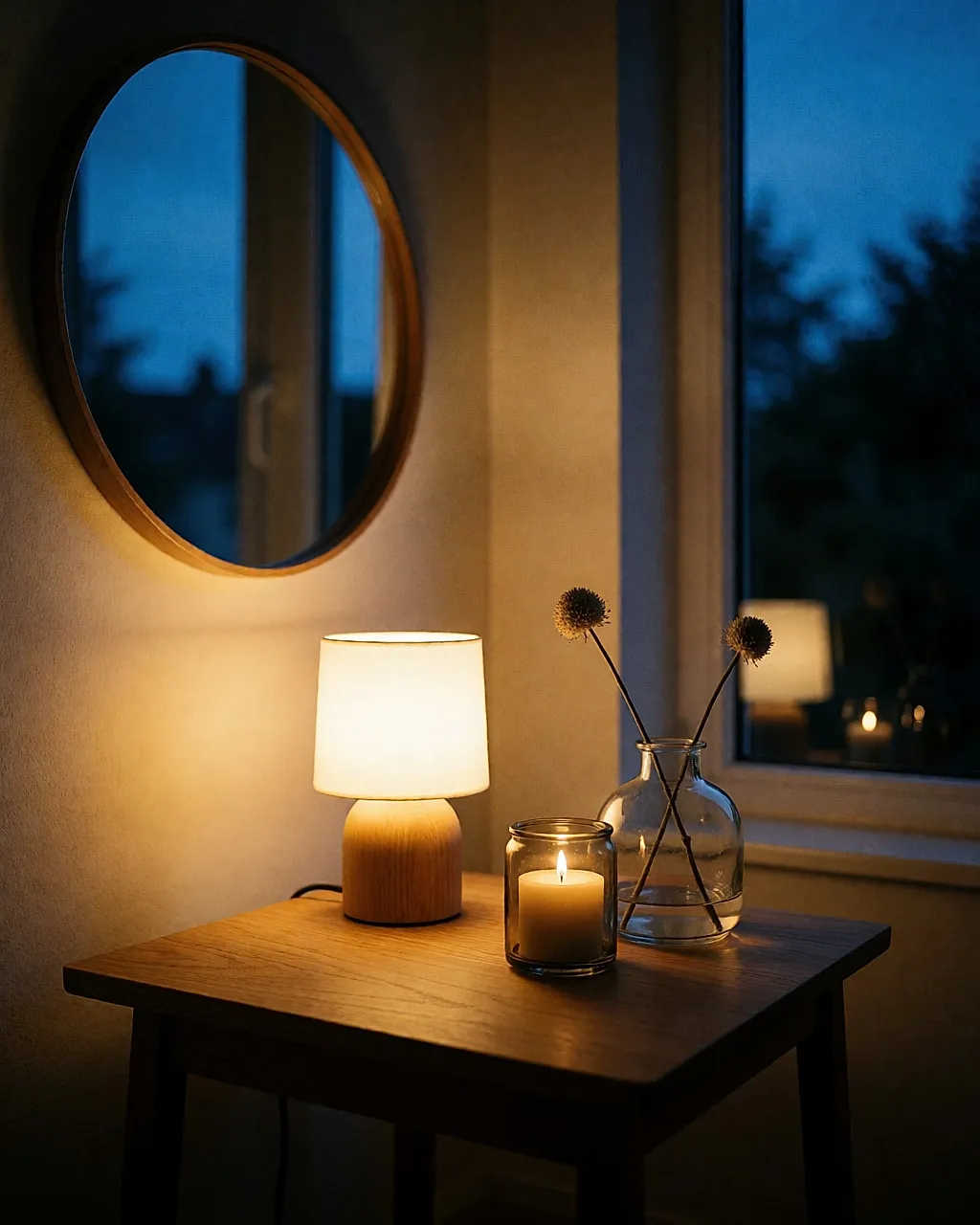 Schlafzimmercke in der Dämmerung: warme Lampe, beleuchteter Teelichthalter aus recyceltem Glas und Vase aus geblasenem Glas