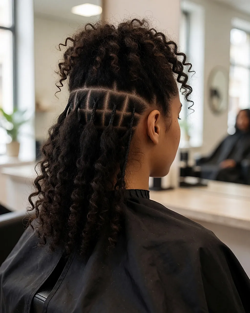 Nacken einer jungen Frau mit gemischter Herkunft und lockigem Haar, Mikroringe vom Typ I-Tip nahe des Haaransatzes sichtbar