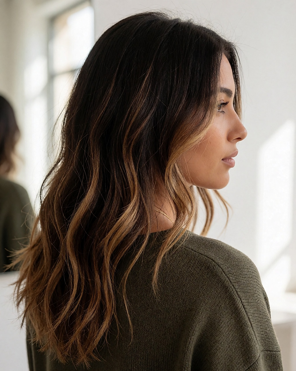 Trois-quarts dos d’une jeune femme aux longs cheveux bruns dégradés caramel, aux reflets fondus et naturels
